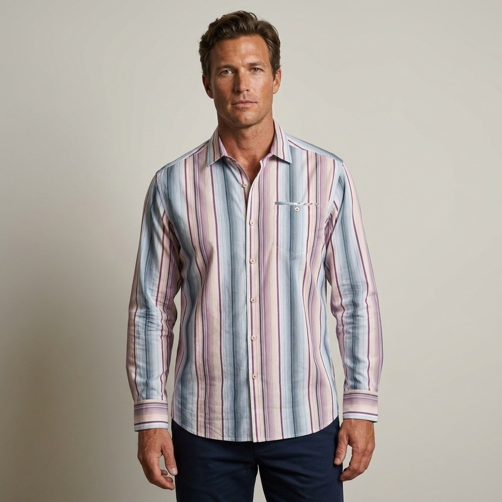 Tommy Bahama Mens Large Cotton Silk Striped Long Sleeve Button Down Shirt Blue